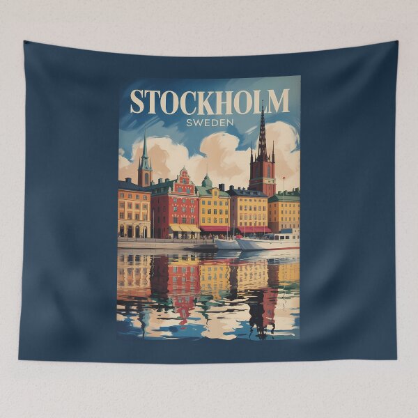 Item preview, Stockholm Sweden Waterfront Illustration Travel Art Vintage designed and sold by KrisSidDesigns.