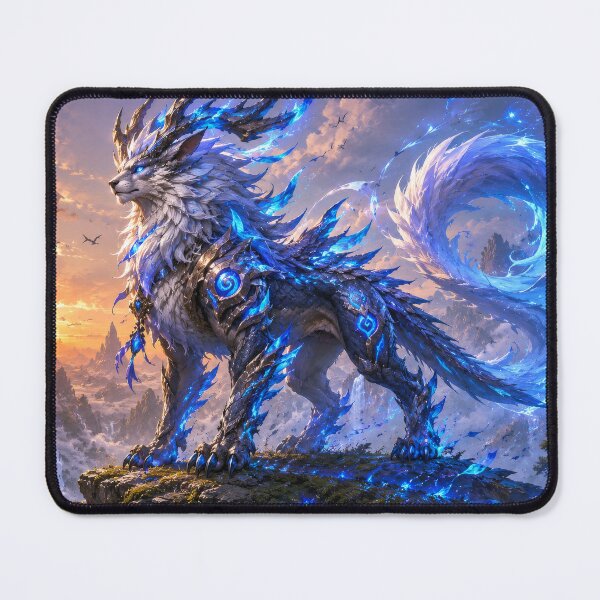 Item preview, Mythical creature of blue energy standing on a mountaintop at sunset. designed and sold by elopezstock.