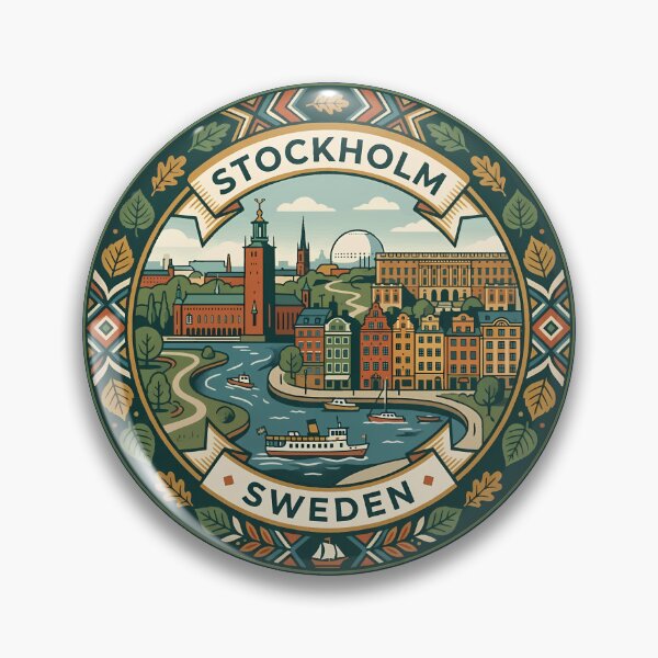 Item preview, Stockholm Sweden Illustration Travel Art Badge designed and sold by KrisSidDesigns.