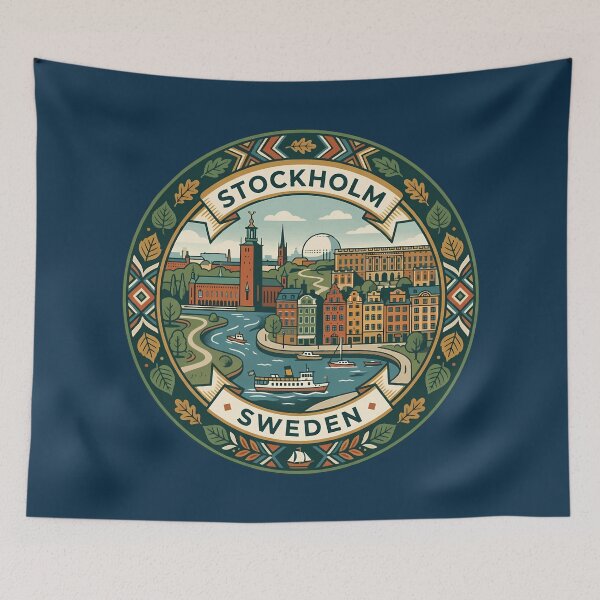 Item preview, Stockholm Sweden Illustration Travel Art Badge designed and sold by KrisSidDesigns.