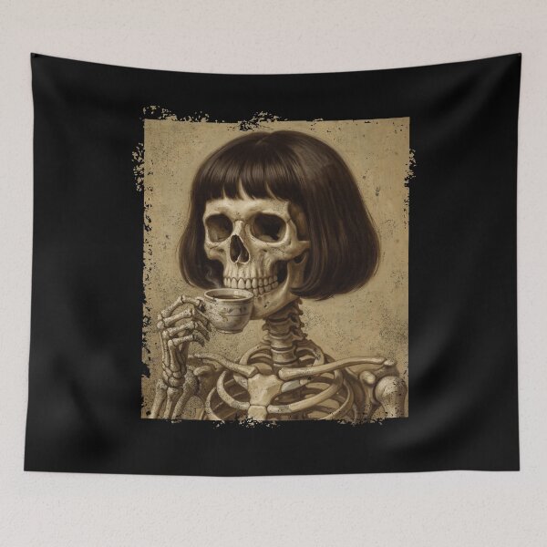 Item preview, Skeleton Woman Bob Haircut Sipping Tea designed and sold by d247.