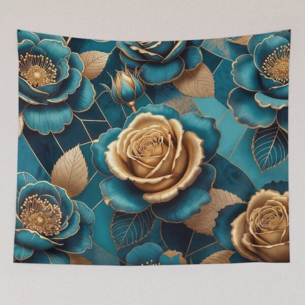 Item preview, Elegant Blue and Gold Roses Pattern designed and sold by IntelliMindDesigns.