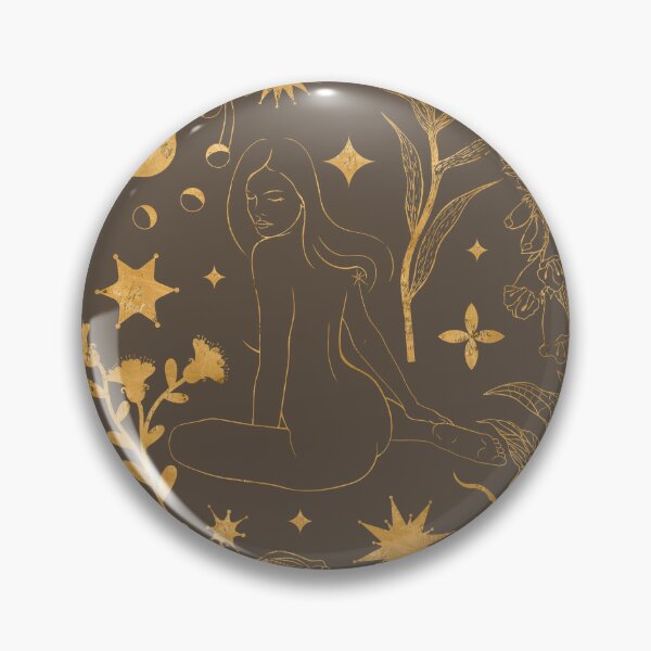 Item preview, Seamless mystical pattern in warm brown and gold tones. Elegant line art of sitting women, wild herbs, stars, suns, and moon phases creates an atmosphere of magic, comfort, and nature. designed and sold by Grin Katalina Floral Patterns & Cozy Art.