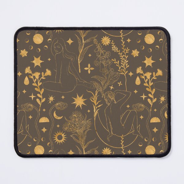 Item preview, Seamless mystical pattern in warm brown and gold tones. Elegant line art of sitting women, wild herbs, stars, suns, and moon phases creates an atmosphere of magic, comfort, and nature. designed and sold by Grin Katalina Floral Patterns & Cozy Art.