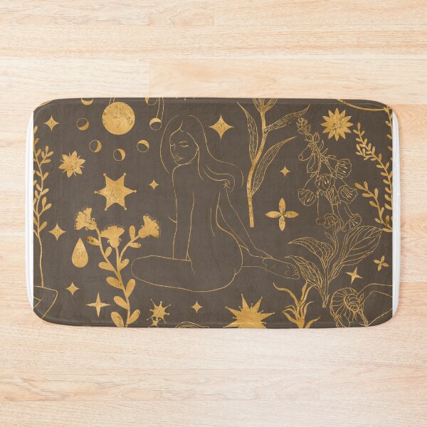 Item preview, Seamless mystical pattern in warm brown and gold tones. Elegant line art of sitting women, wild herbs, stars, suns, and moon phases creates an atmosphere of magic, comfort, and nature. designed and sold by Grin Katalina Floral Patterns & Cozy Art.