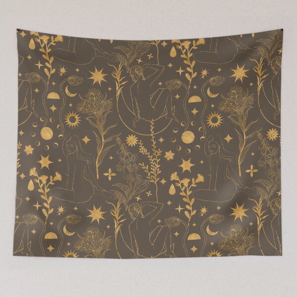 Item preview, Seamless mystical pattern in warm brown and gold tones. Elegant line art of sitting women, wild herbs, stars, suns, and moon phases creates an atmosphere of magic, comfort, and nature. designed and sold by Grin Katalina Floral Patterns & Cozy Art.