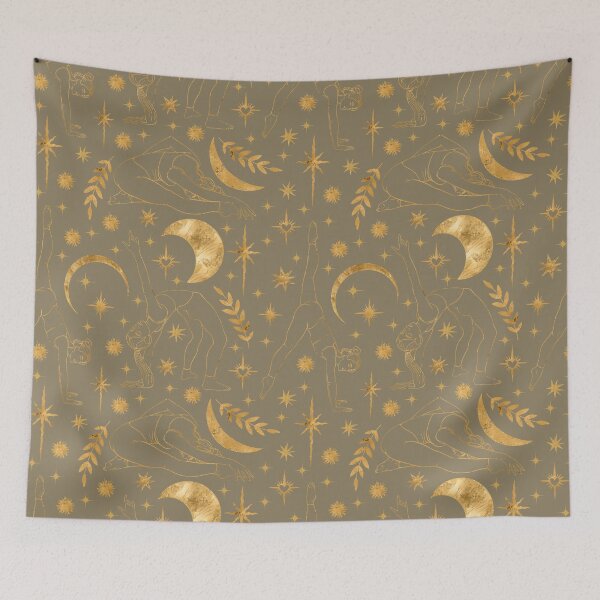 Item preview, Dynamic and deep seamless pattern on a featuring golden silhouettes of women practicing yoga and acrobatics. Enhanced with celestial bodies and shining stars. designed and sold by Grin Katalina Floral Patterns & Cozy Art.