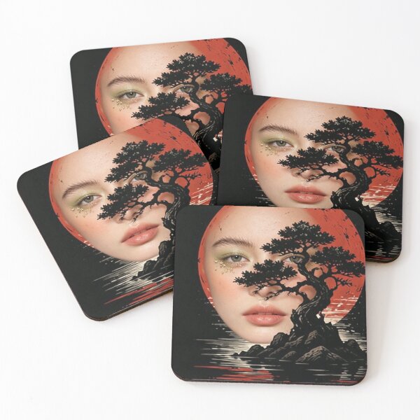 Item preview, Surreal Japanese Bonsai Tree Red Sun Woman Portrait Art designed and sold by brkydesign.