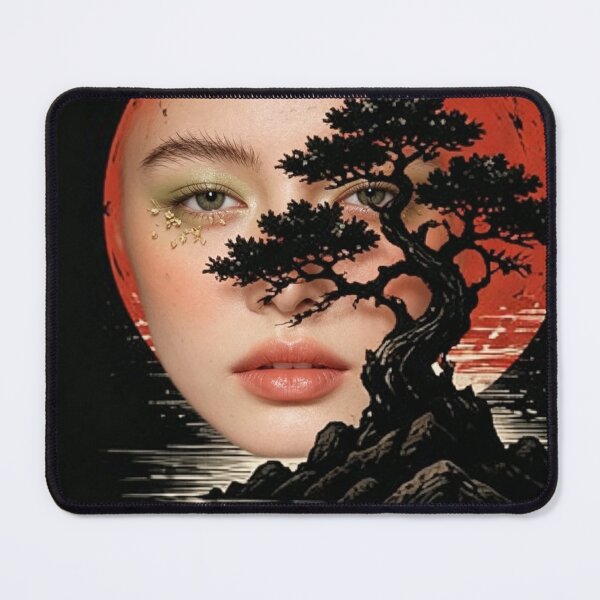 Item preview, Surreal Japanese Bonsai Tree Red Sun Woman Portrait Art designed and sold by brkydesign.