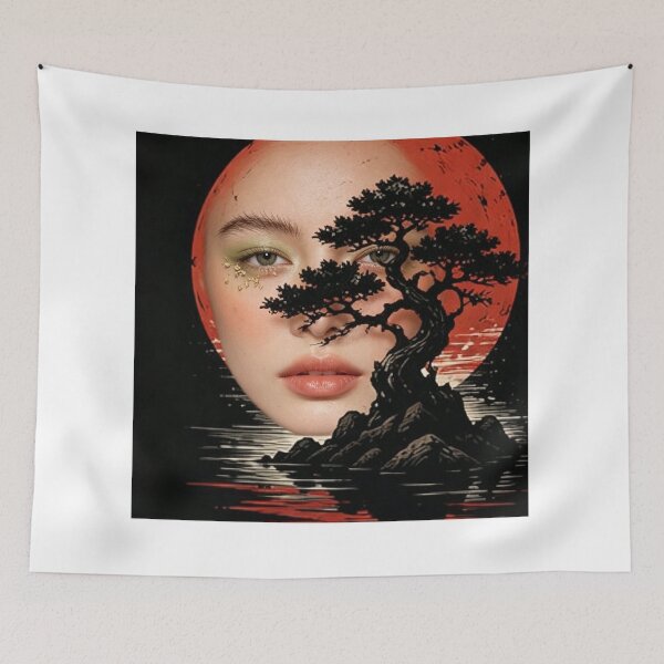 Item preview, Surreal Japanese Bonsai Tree Red Sun Woman Portrait Art designed and sold by brkydesign.