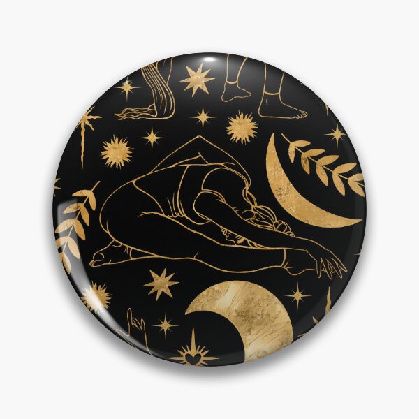 Item preview, Dynamic and deep seamless pattern on a black background featuring golden silhouettes of women practicing yoga and acrobatics. Enhanced with celestial bodies and shining stars. designed and sold by Grin Katalina Floral Patterns & Cozy Art.
