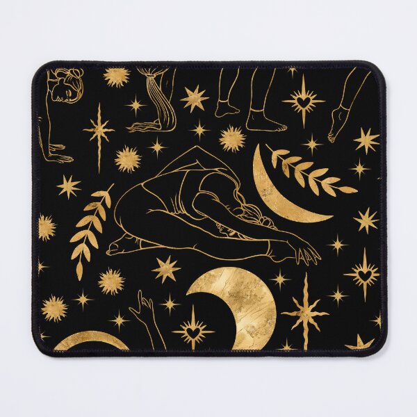 Item preview, Dynamic and deep seamless pattern on a black background featuring golden silhouettes of women practicing yoga and acrobatics. Enhanced with celestial bodies and shining stars. designed and sold by Grin Katalina Floral Patterns & Cozy Art.