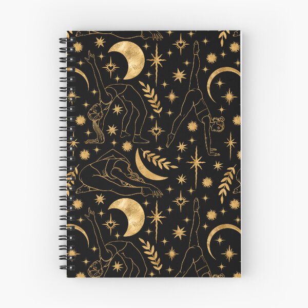 Item preview, Dynamic and deep seamless pattern on a black background featuring golden silhouettes of women practicing yoga and acrobatics. Enhanced with celestial bodies and shining stars. designed and sold by Grin Katalina Floral Patterns & Cozy Art.