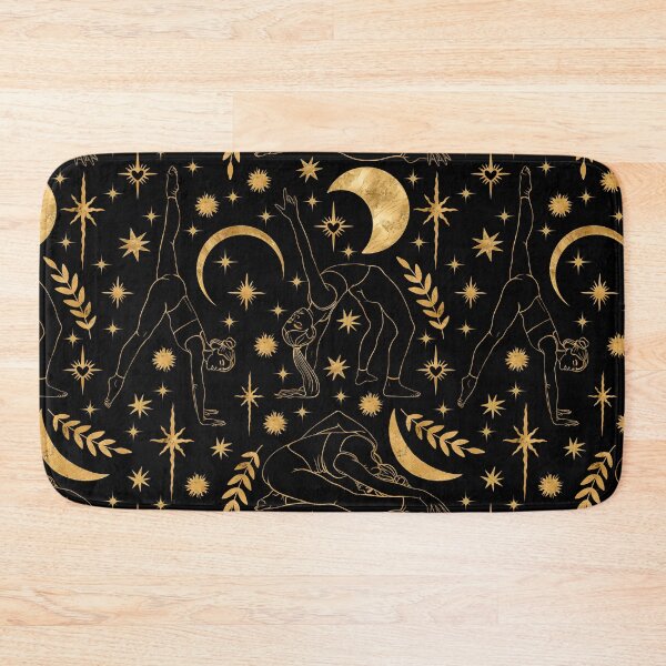 Item preview, Dynamic and deep seamless pattern on a black background featuring golden silhouettes of women practicing yoga and acrobatics. Enhanced with celestial bodies and shining stars. designed and sold by Grin Katalina Floral Patterns & Cozy Art.