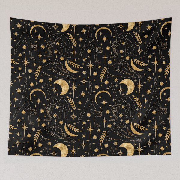 Item preview, Dynamic and deep seamless pattern on a black background featuring golden silhouettes of women practicing yoga and acrobatics. Enhanced with celestial bodies and shining stars. designed and sold by Grin Katalina Floral Patterns & Cozy Art.