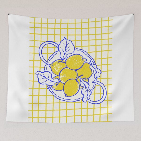 Item preview, Vintage Lemon Bowl Cobalt Blue Line Art on Yellow Grid designed and sold by samahl_l.