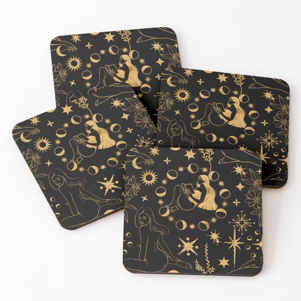 Item preview, Magical pattern centering a reading girl surrounded by a full cycle of moon phases, shining suns, and mystical flowers. Celebrates solitude, magic of knowledge, and starry skies. designed and sold by Grin Katalina Floral Patterns & Cozy Art.