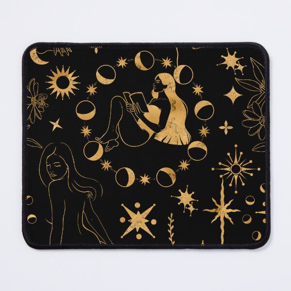 Item preview, Magical pattern centering a reading girl surrounded by a full cycle of moon phases, shining suns, and mystical flowers. Celebrates solitude, magic of knowledge, and starry skies. designed and sold by Grin Katalina Floral Patterns & Cozy Art.