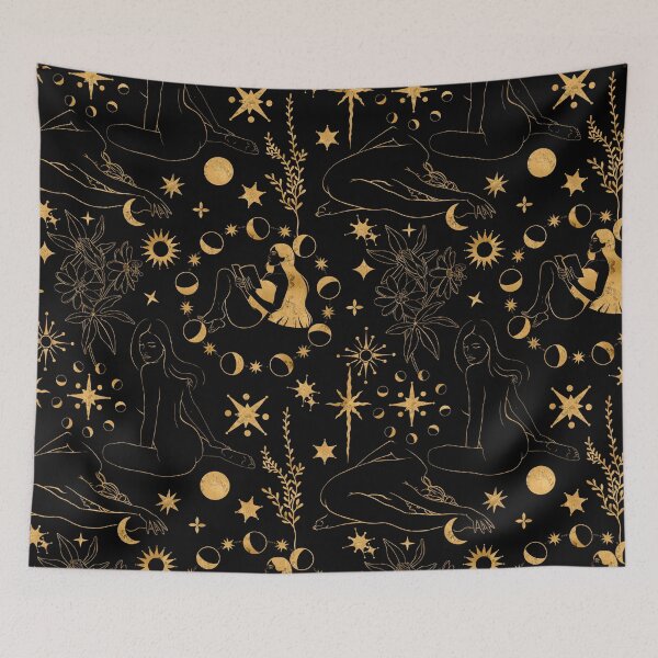 Item preview, Magical pattern centering a reading girl surrounded by a full cycle of moon phases, shining suns, and mystical flowers. Celebrates solitude, magic of knowledge, and starry skies. designed and sold by Grin Katalina Floral Patterns & Cozy Art.
