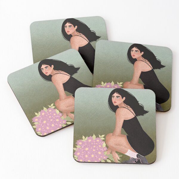 Item preview, A woman with black hair in a black short dress holding a bouquet of pink flowers designed and sold by Grin Katalina Floral Patterns & Cozy Art.