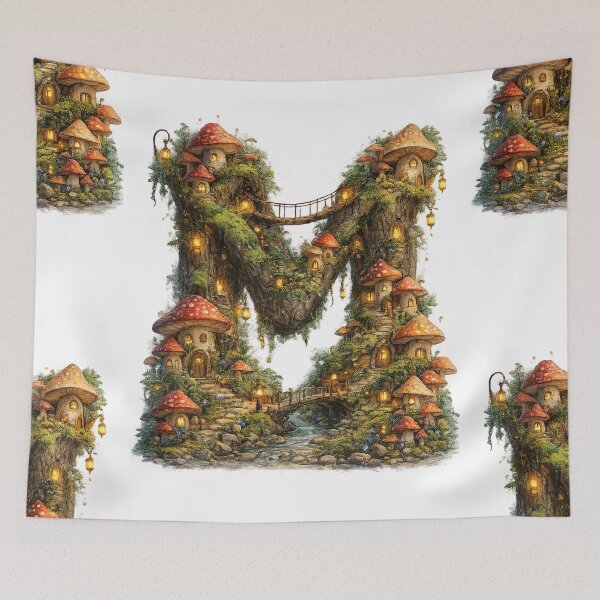Item preview, Letter M Mushroom Village Fairy Cottagecore Monogram Gift designed and sold by irfanshikh.