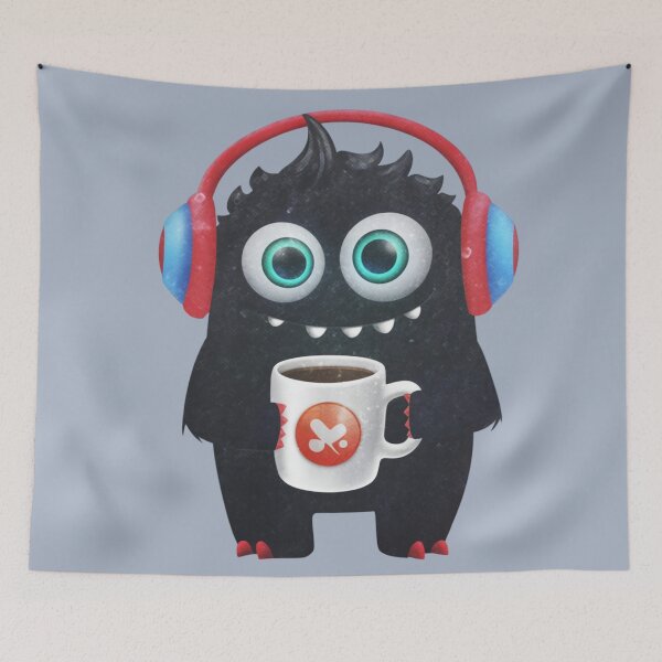 Item preview, Funny vector colored monster with headphones holding a coffee mug designed and sold by 123ks.