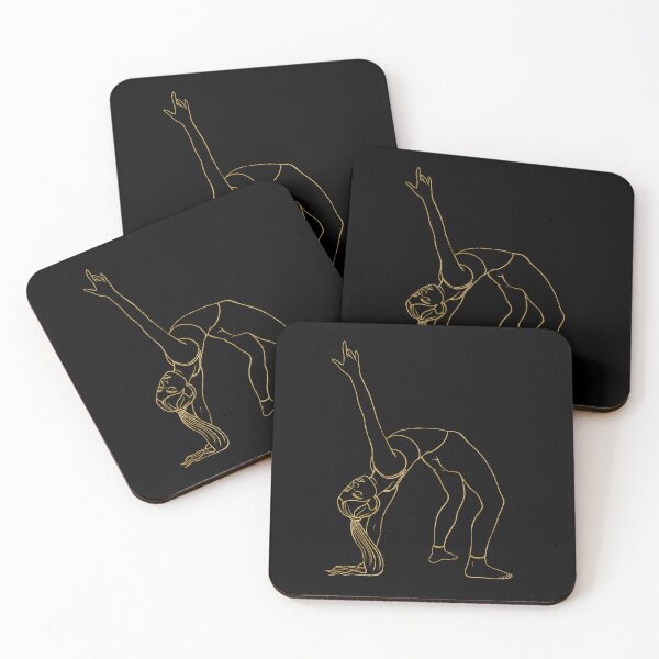 Item preview, Fine gold drawing of a girl performing a deep backbend supported on one hand. A symbol of heart-opening, energy, and dynamic balance. designed and sold by Grin Katalina Floral Patterns & Cozy Art.