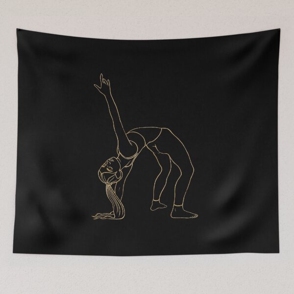 Item preview, Fine gold drawing of a girl performing a deep backbend supported on one hand. A symbol of heart-opening, energy, and dynamic balance. designed and sold by Grin Katalina Floral Patterns & Cozy Art.