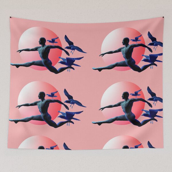 Item preview, A human figure leaping or dancing, accompanied by three birds in flight. designed and sold by Arija07.
