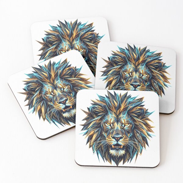 Item preview, Geometric Crystal Lion Head - Low Poly Abstract Art with Metallic Gold & Electric Blue in white background designed and sold by Nosyla Ink.
