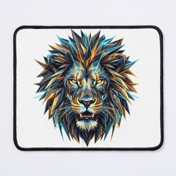 Item preview, Geometric Crystal Lion Head - Low Poly Abstract Art with Metallic Gold & Electric Blue in white background designed and sold by Nosyla Ink.