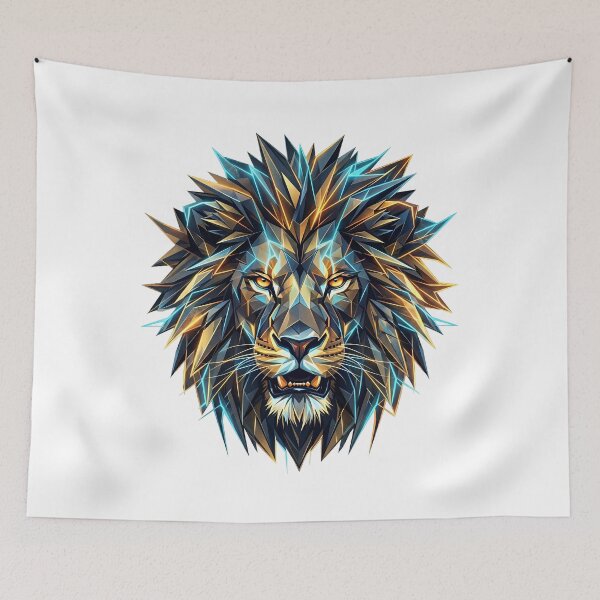 Item preview, Geometric Crystal Lion Head - Low Poly Abstract Art with Metallic Gold & Electric Blue in white background designed and sold by Nosyla Ink.