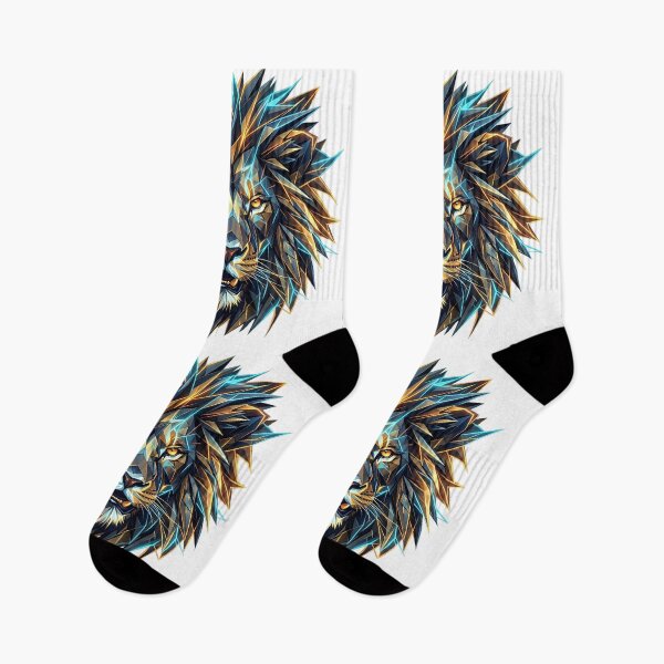 Item preview, Geometric Crystal Lion Head - Low Poly Abstract Art with Metallic Gold & Electric Blue in white background designed and sold by Nosyla Ink.