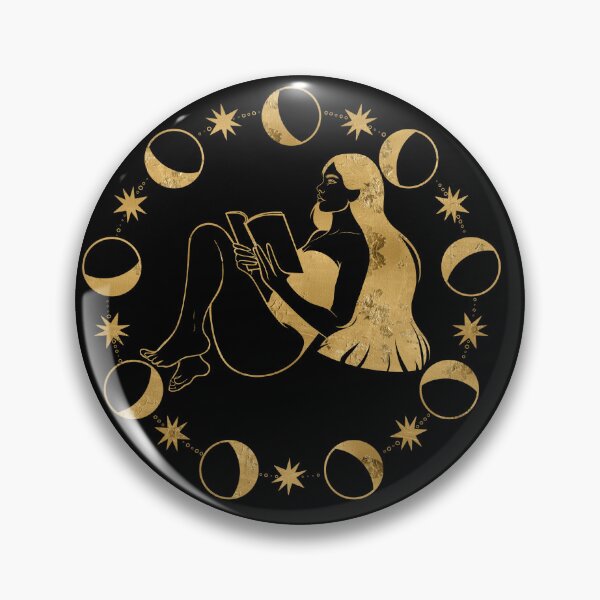 Item preview, Atmospheric gold illustration of a girl deeply focused on reading a book inside a magical circle of moon phases and stars. Dark academia, magic of knowledge, and cozy solitude vibes. designed and sold by Grin Katalina Floral Patterns & Cozy Art.