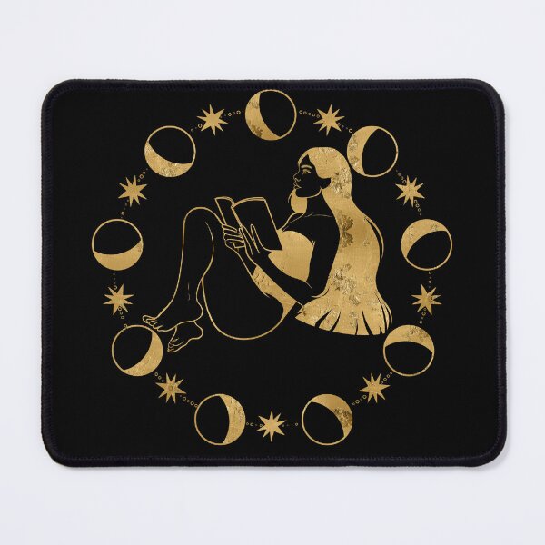 Item preview, Atmospheric gold illustration of a girl deeply focused on reading a book inside a magical circle of moon phases and stars. Dark academia, magic of knowledge, and cozy solitude vibes. designed and sold by Grin Katalina Floral Patterns & Cozy Art.