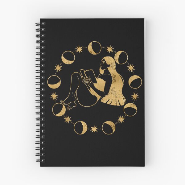 Item preview, Atmospheric gold illustration of a girl deeply focused on reading a book inside a magical circle of moon phases and stars. Dark academia, magic of knowledge, and cozy solitude vibes. designed and sold by Grin Katalina Floral Patterns & Cozy Art.