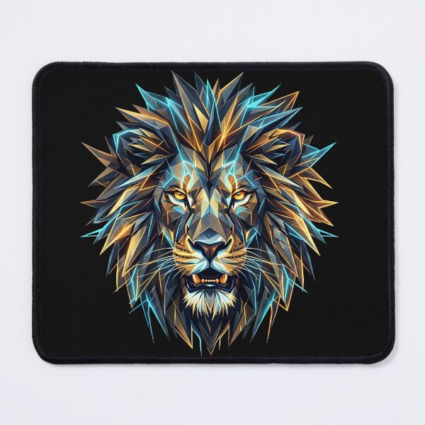 Item preview, Geometric Crystal Lion Head - Low Poly Abstract Art with Metallic Gold & Electric Blue in black background designed and sold by Nosyla Ink.