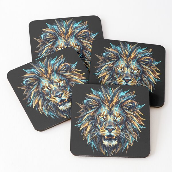Item preview, Geometric Crystal Lion Head - Low Poly Abstract Art with Metallic Gold & Electric Blue in black background designed and sold by Nosyla Ink.