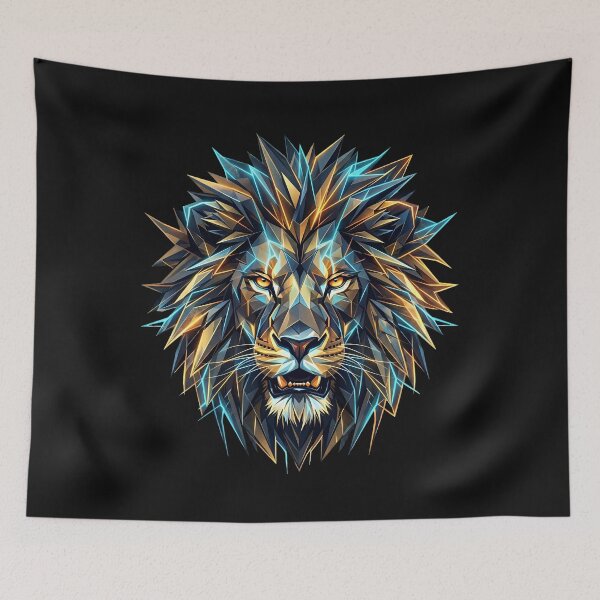 Item preview, Geometric Crystal Lion Head - Low Poly Abstract Art with Metallic Gold & Electric Blue in black background designed and sold by Nosyla Ink.