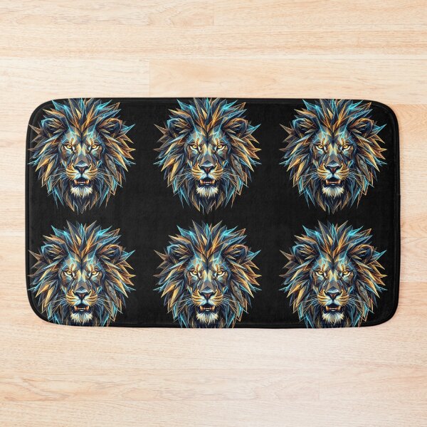 Item preview, Geometric Crystal Lion Head - Low Poly Abstract Art with Metallic Gold & Electric Blue in black background designed and sold by Nosyla Ink.