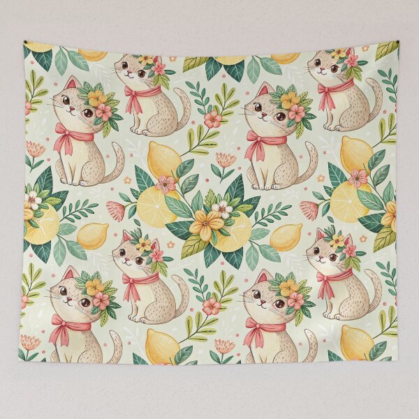 Item preview, Cute Lemon Cats Floral Pattern designed and sold by Petal & Pattern Co.