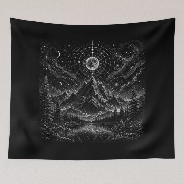 Item preview, Quantum Nightscape Mountains | Black & White Cosmic Forest Wall Art designed and sold by Templatemini.