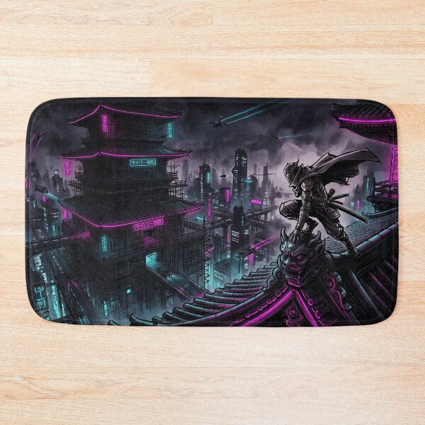 Item preview, Cyberpunk Crouching Ninja Pagoda Neon Rooftop Art designed and sold by Osmose-Studio.