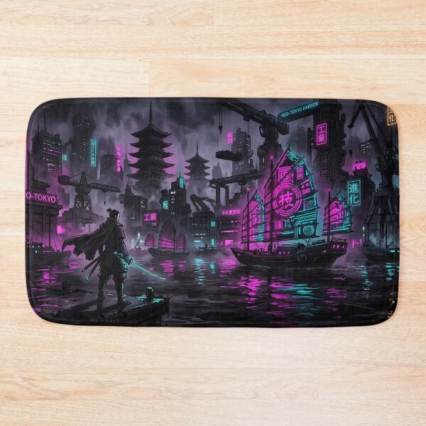 Item preview, Cyberpunk Samurai Harbor Neon Junk Ship Art designed and sold by Osmose-Studio ⭐⭐⭐⭐⭐.