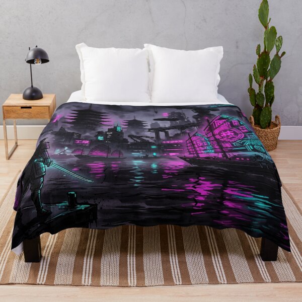 Item preview, Cyberpunk Samurai Harbor Neon Junk Ship Art designed and sold by Osmose-Studio.