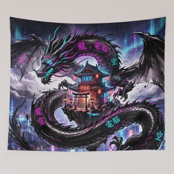 Item preview, Cyberpunk Dragon Floating Temple Neon Skyline Art designed and sold by Osmose-Studio.