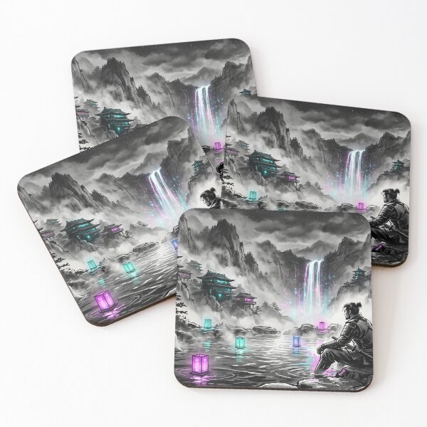 Item preview, Cyberpunk Samurai Zen Waterfall Misty Mountain Art designed and sold by Osmose-Studio.