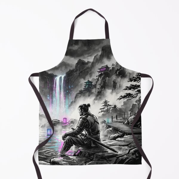Item preview, Cyberpunk Samurai Zen Waterfall Misty Mountain Art designed and sold by Osmose-Studio ⭐⭐⭐⭐⭐.