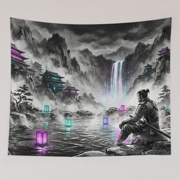 Item preview, Cyberpunk Samurai Zen Waterfall Misty Mountain Art designed and sold by Osmose-Studio ⭐⭐⭐⭐⭐.