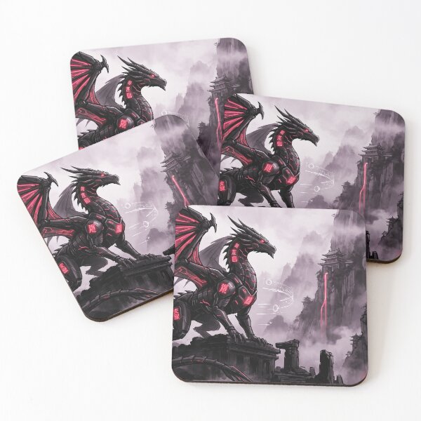 Item preview, Cyberpunk Red Mecha Dragon Mountain Waterfall Art designed and sold by Osmose-Studio.